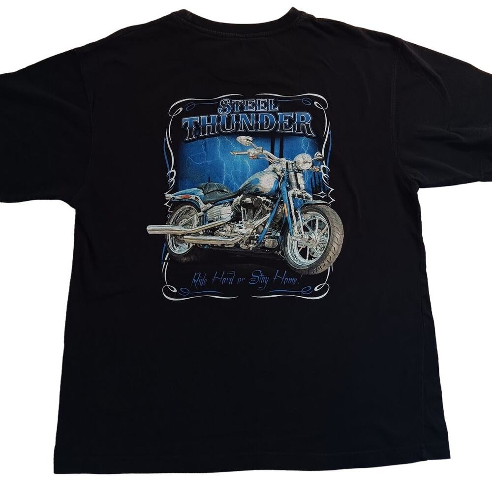 Newport Blue Tee Mens XL Black Biker Steel Thunder Ride Hard‎ or Stay Home